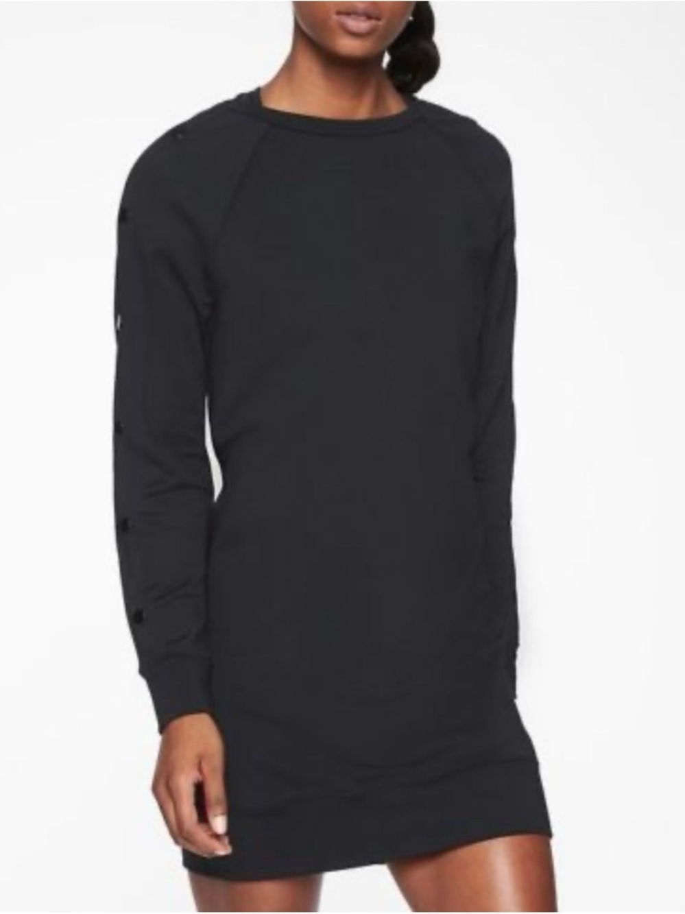 Athleta Snappy Black Crewneck Sweatshirt Dress, Above Knee Length, Long Sleeve,S